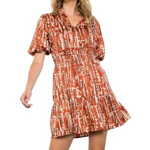 THML Women's Size MED Dress Rust Cream Brown Ruffle Bottom Puff Sleeve